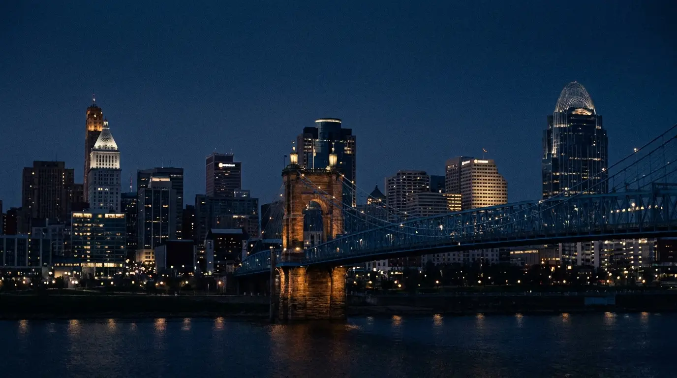 The Cincinnati skyline and Roebling Bridge at dusk